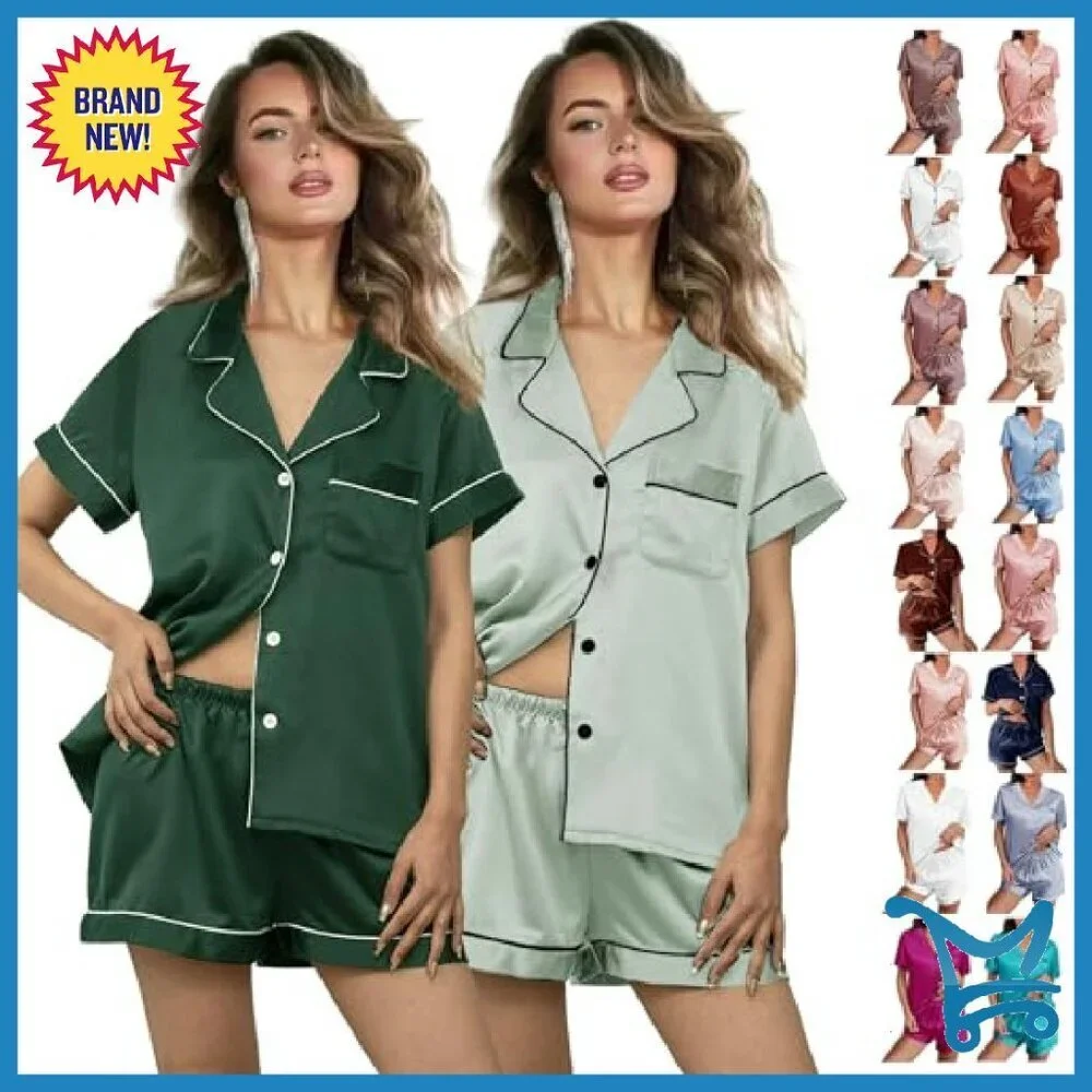 Silk Satin Pajama Set 2-Pack Short Sleeve Lounge Sleepwear XS-XXL
